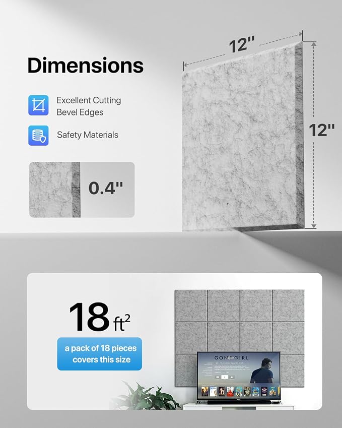 Soundsbay Self-Adhesive Soundproof Wall Panels 18 Pack 12"x12" Black | Square Acoustic Panels, 150kg/m³ High Density Covers 18 sq ft, Sound Proof Panels for Walls, Home Office, Bedroom - Image 5