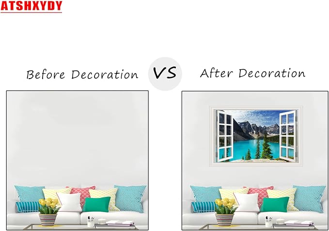 Fake Window Wall Decal- Summer Mountains Lake View Open Sticker Decorations | Faux Window Natural Landscape Art Mural｜Stick and Peel Wall Decals｜for Room Bedroom Office Scene Decor｜24"x16" - Image 3