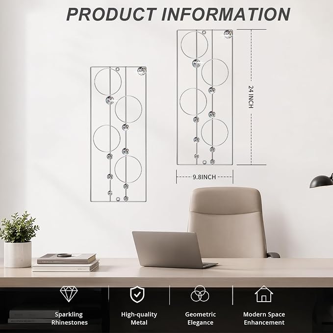 ZEXUIRU 2 Pcs. Abstract Metal Art for Wall Decor Living Room Bedroom Bathroom Office Metal Bling Modern Geometric Hanging Vertical Small Iron Sculpture Plaque Pack -Silver 24in - Image 4
