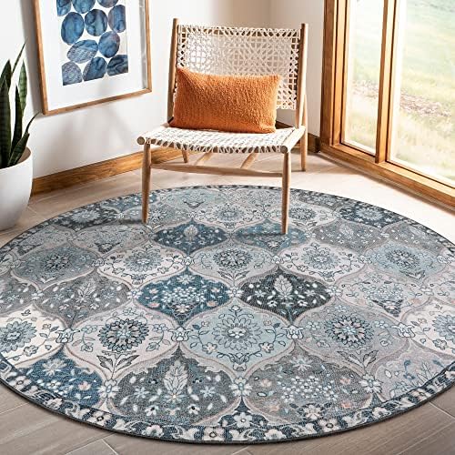 Lahome Moroccan Trellis Round Rug, 5ft, Blue, Faux Wool, Machine Wash, Non-Slip Backing, Low Pile, Floral Pattern, Area Rug for Bedroom, Living Room, Bathroom by Lahome