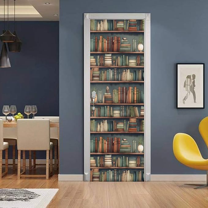 REDAMANCY Vintage Book Shelf Green Plants Peel and Stick Door Stickers Vinyl 3D Door Mural Decals Decor Modern Door Wallpaper Self-Adhesive, Waterproof, Removable - Image 3