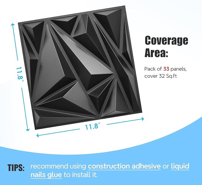 STICKGOO 50 Pack 3D Wall Panels for Interior Wall Decor 12''x12'' PVC | Black Diamond Design, Waterproof Accent Wall Paneling for Bedroom, Gaming, Living Room, Office, TV Background Cover - Image 2