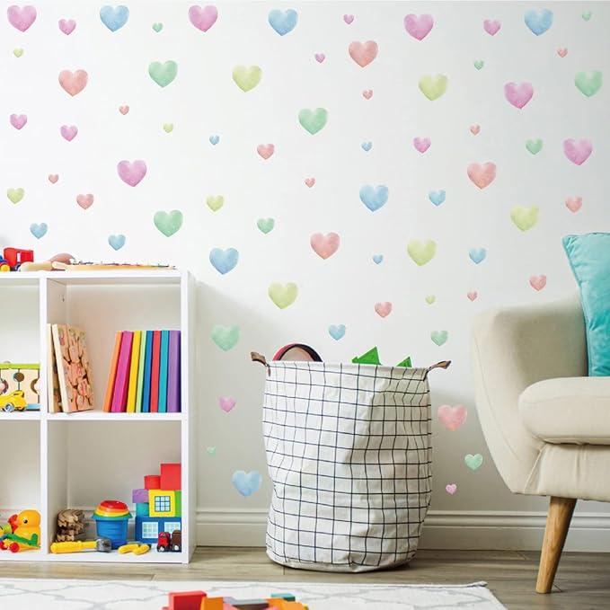 Watercolor Heart Wall Stickers,Colorful Heart Wall Decals,Easy to Peel and Stick Multicolor Heart Wall Decoration for Kids Bedroom Wallpapper Nursery Living Room Classroom Wall Décor by Kasubeso