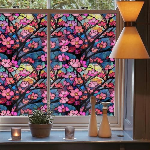 Pink Blue Cherry Flower Stained Glass Window Films Decorative Double-Side Privacy Film Self-Adhesive Static Clings for Living Room Bathroom Glass Windows Decor - Image 3