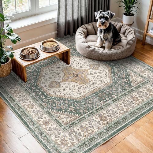 Puino 5x5 Square Washable Area Rug - Non-Slip Living Room Rugs Green Beige by Puino
