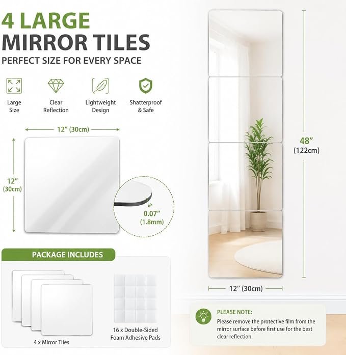 Shatterproof Acrylic Mirror Tiles, Kids Safe Wall Mirror, 4 Pack - Image 4