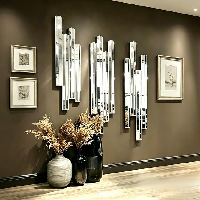 Modern 3 Pack 28x8 Staggered 3D Silver Mirror Wall Set Mirror Decor - Image 3
