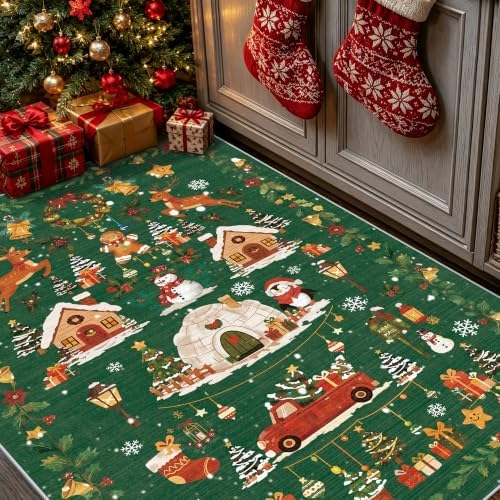 Christmas 3x4 Entryway Area Rugs: Winter Soft Rug for Living Room Bedroom Low Pile Thin Print Carpet for Dining Room Stain Resistant Floor Mat for Office Playroom Gifts for New Home Owners（3x4，Green - Image 4