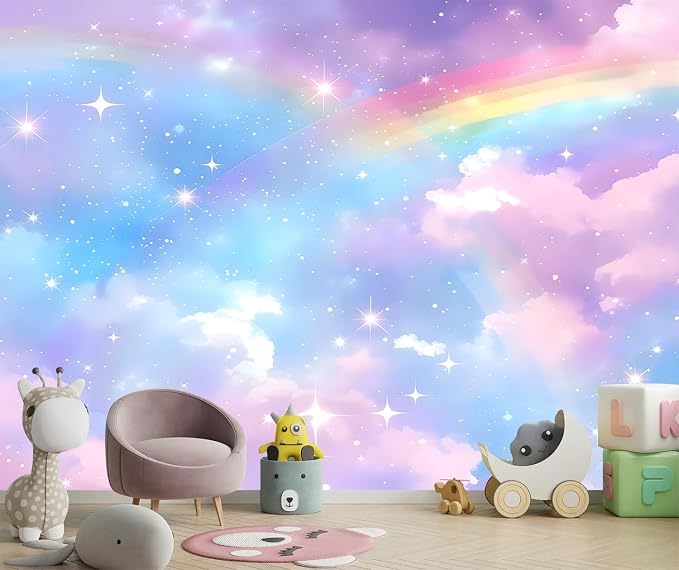 PYFFYP-Colorful Cloud Peel and Stick Wallpaper Rainbow Star wall murals - Image 2