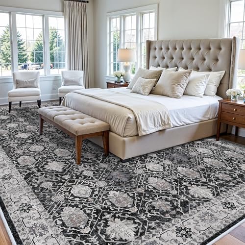 Vintage 10x14 Washable Area Rug: Large Living Room Rugs Indoor Soft Stain Resistant Carpet with Non-Slip Backing for Bedroom Dining Room Farmhouse Low Pile Floor Mat for King Size Bed (10x14 Black) - Image 2