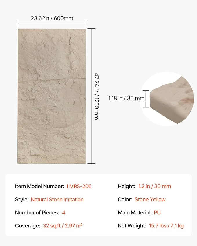 VEVOR 3D Wall Panels, 4 Pack 48 x 24 in PU Natural Stone Imitation Wall Art Tiles, 32 Sq.Ft Coverage Accent Wall Panel, Interior Home Decor for Ceiling, Bedroom, Living & Gaming Room, Stone Yellow - Image 7