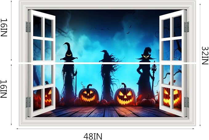 Halloween Fake Window Wall Decals Creepy Three Witches Pumpkin Art Sticker | ｜Faux Window Terror Spooky Ghosts Mural ｜ Stick and Peel Wall Decal｜for Halloween Home Scene Decor｜48"x32",Set of 2 Sheets - Image 2