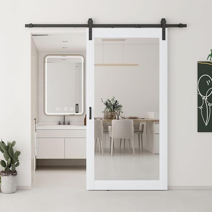 JUBEST 42x84 in Mirror Barn Door and 7FT Sliding Door Hardware Kit Included, White Full Length Mirror, Solid Wood Panel Covered with Water-Proof PVC Surface, No Assembly Required by JUBEST