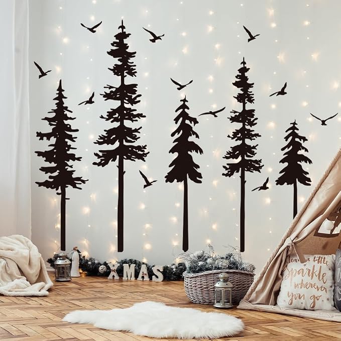Large Pine Trees Wall Decals Black Forest Wall Stickers Christmas Decoration Wallpaper Woodland Animal Birds Mural Decals Peel and Stick Vinyl Wall Art Stickers for Bedroom by Erllsino