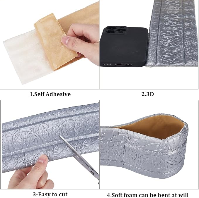 CRASPIRE 88 x 3 Inch Silver 3D Sticky Decorative Wallpaper Border Foam Baseboard Self Adhesive Flexible Foam Trim Molding Peel and Stick Wall Edging Mirror Border Wall Lines Hotel DIY Decor - Image 6