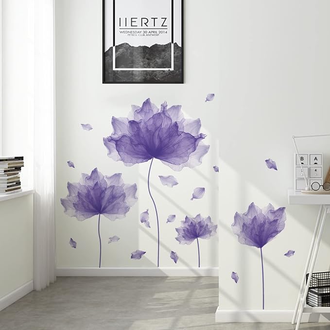 59.1'' x 49.6'' Flower Petal Wall Decal Floral Wall Sticker(Purple) | Removable waterproof peel and stick wall art for nursery, baby room, classroom, living room, bedroom, office and bathroom - Image 2