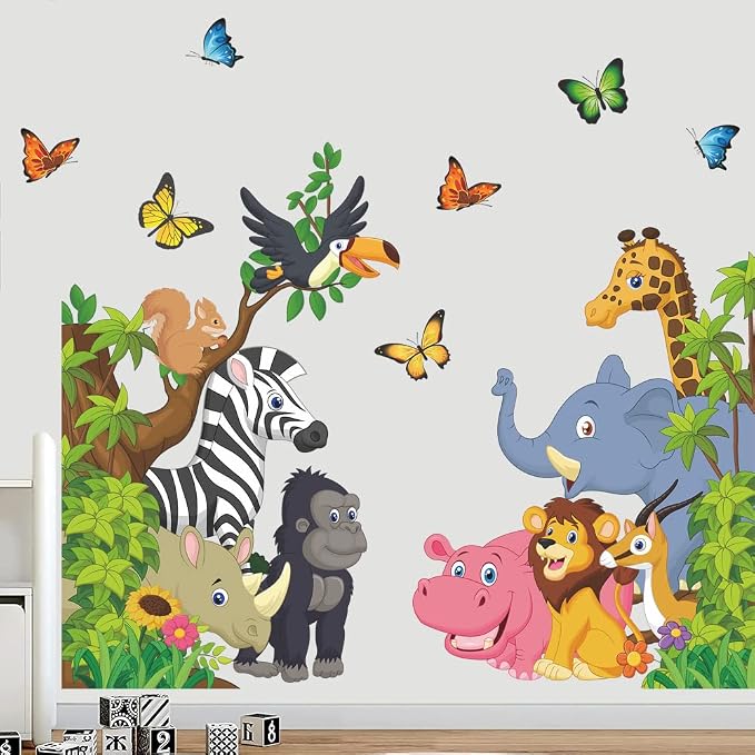 Supzone Cartoon Animal Wall Decal Jungle Animals Wall Stickers Elephant Lion Zebra Butterfly Wall Decor for Kids Baby DIY Vinyl Mural Art for Nursery Bedroom Living Room Playroom by Supzone