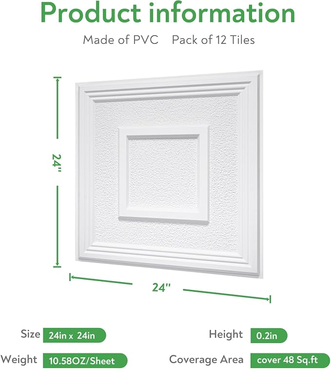STICKGOO Glue-Up Ceiling Tiles, Popcorn Textured White, 24 x 24 in, 12 Pack | 2 x 2ft Drop ceiling panels, PVC decorative ceiling tiles, covers 48 sq ft, waterproof, lightweight - Image 3
