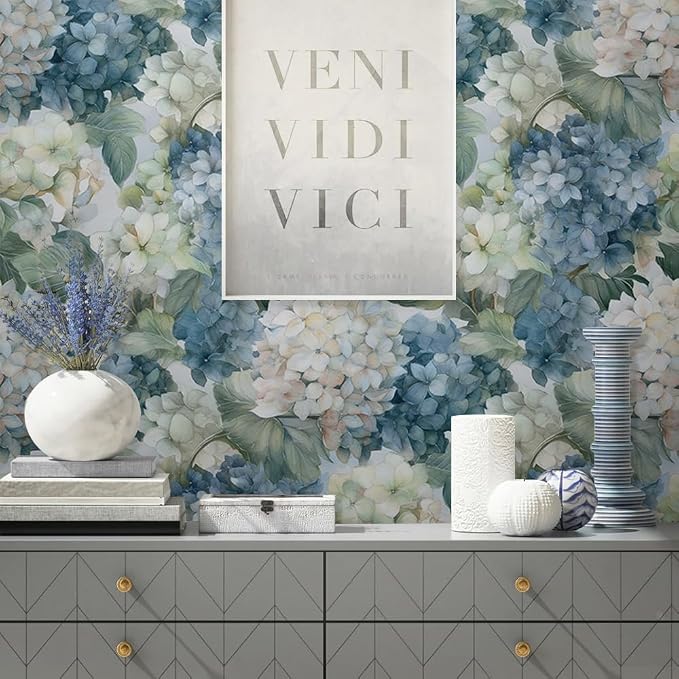 Vintage Watercolor Blue/White/Green Hydrangea Floral Peel and Stick Wallpaper Wall Decor Self Adhesive Wall Paper Stick on Easy Peel Off Contact for Renter Apartment - Image 4