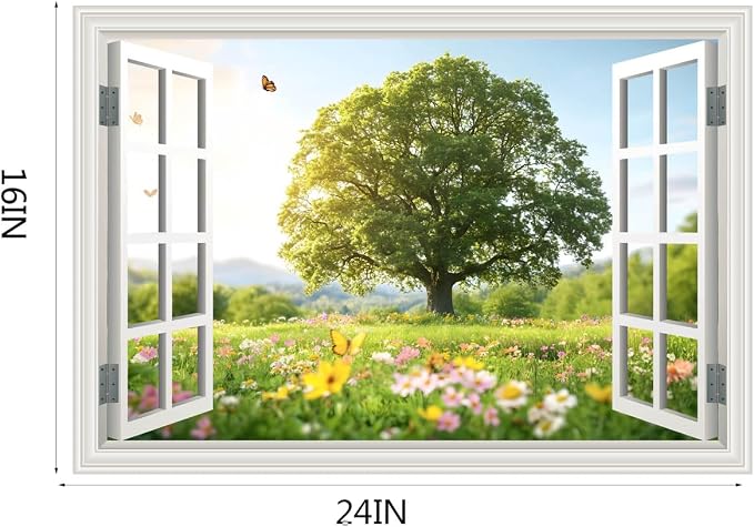 Fake Window Wall Sticker Decal Spring Green Grassland Tree Faux Window Flowers Poster Picture Open Wall Art Decor, Stick and Peel Landscape Natural Scenery Canvas Scene Mural,16"x24" - Image 2