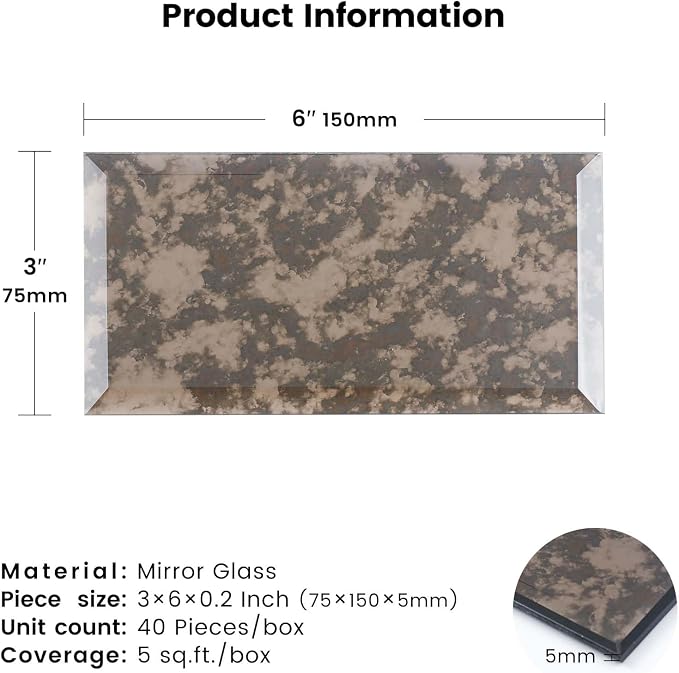 Brown Antique Peel and Stick Mirror Subway Tile 3 x 6 Inch Beveled Mirror Tiles for Kitchen Backsplash Bathroom Wall Pack of 40 Pieces - Image 2