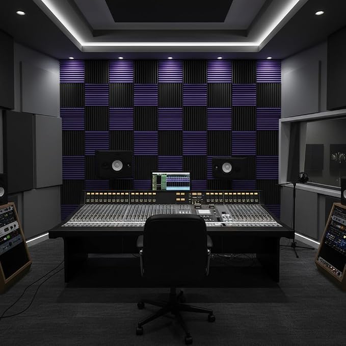 96 Pack Allxinlog Absorb the echo Acoustic Foam Panel Wedge Studio Soundproofing Wall Tiles 12" X 12" X 1" (Accompanied By Double-Sided Adhesive Tape)(48Purple+48Black) - Image 5