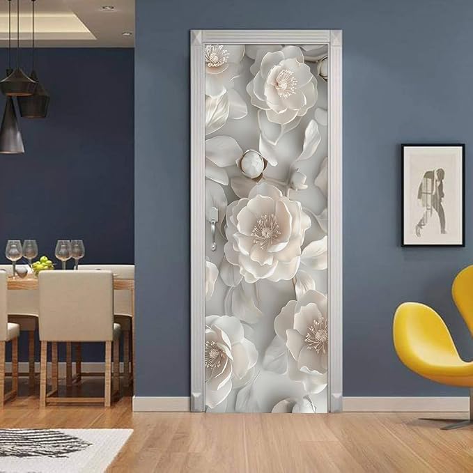 REDAMANCY 30.7"x79" 3D White Magnolia Floral Peel and Stick Door Stickers Vinyl 3D Mural Decals Modern Wallpaper Self-Adhesive, Waterproof, Removable Decor for Kitchen, Living Room, Bedroom - Image 3
