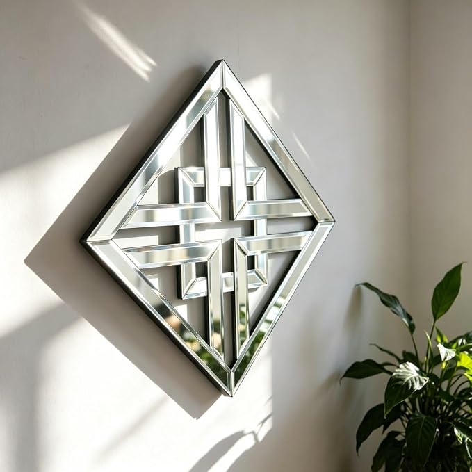 QMDECOR 12x12 Inch Geometric Wall Mirror with Beveled Edge - Modern Silver Decorative Mirror for Living Room, Entryway, Hallway & Bedroom - Durable Black MDF Backing with 3 Hanging Hooks - Image 3