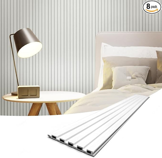 Art3d 96 x 6 Inch WPC 3D Wood Textured Slat Wall Panels, 8-Pack, Off-White | Stylish Slat Design, Waterproof, Weather Resistant, Eco-Friendly, Long-Lasting, Easy to DIY, Ideal for Interior Wall, Bedroom by Art3d