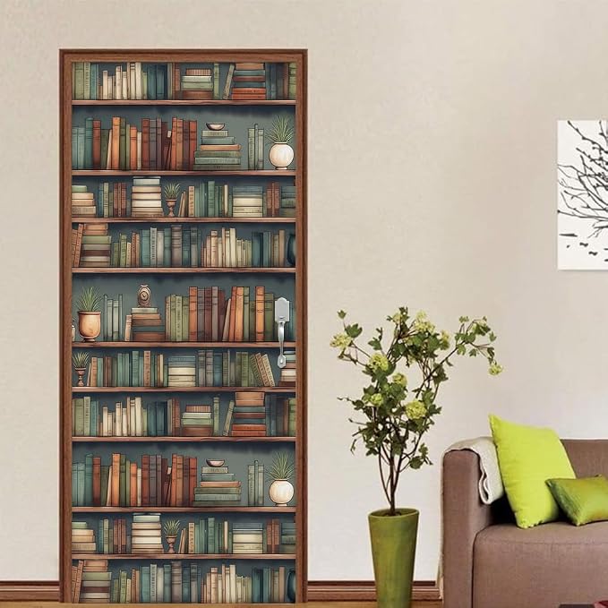 REDAMANCY Vintage Book Shelf Green Plants Peel and Stick Door Stickers Vinyl 3D Door Mural Decals Decor Modern Door Wallpaper Self-Adhesive, Waterproof, Removable - Image 4