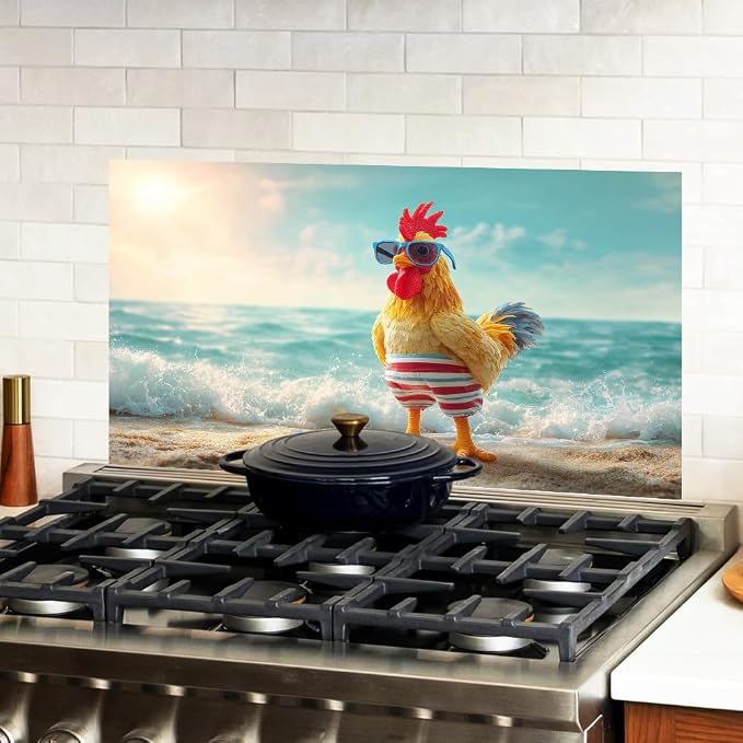 Funny Rooster Beach Kitchen Backsplash Peel and Stick, 30x16 in | Cartoon rooster in sunglasses and swim trunks on a sunny beach; flat 2D waterproof peel and stick; wipe clean; 30x16 in - Image 2