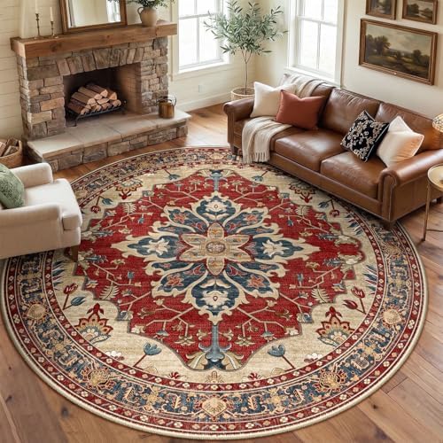 RELEANY Washable Area Rug, Round 8ft, Red/Blue by RELEANY