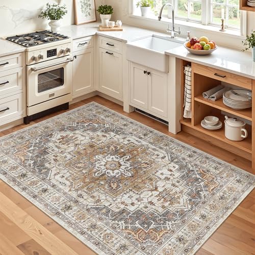 Madane Area Rug 4x6 Washable Rugs Vintage for Living Room, Turmeric/Grey by Madane