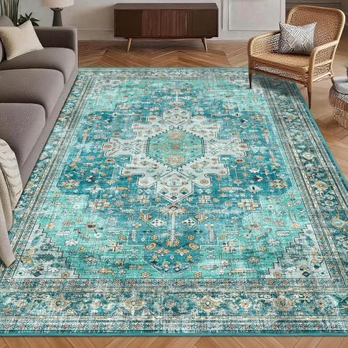 Washable Area Rug 6' x 9' Vintage Traditional Persian Mat - Foldable Distressed Non-Slip Machine Washable Carpet for Living Room Bedroom Kitchen Home Decor - Teal and Gold by Unknown