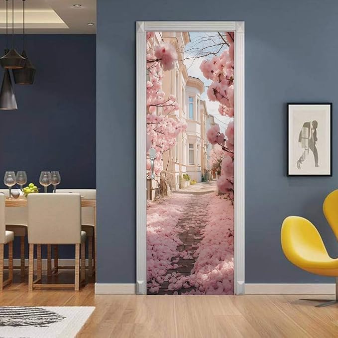 REDAMANCY Pink Cherry Flower Blossom Pathway Landscape Peel and Stick Door Stickers Vinyl 3D Door Mural Decals Decor Wallpaper Self-Adhesive, Waterproof, Removable - Image 3