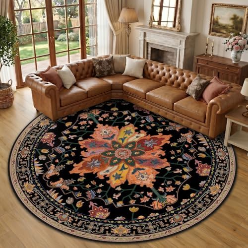 RELEANY Washable Area Rug, Round 10ft, Black/Colorful by RELEANY