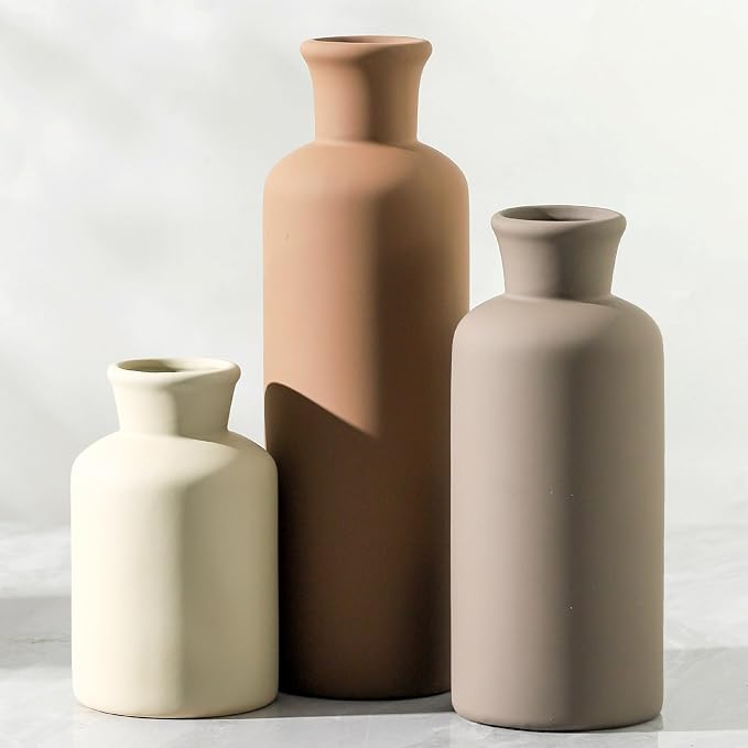Ceramic Vase Set of 3, Flowers Neutral Modern Vases Home Decor Rustic Farmhouse Decor Pampas Vase for Table Mantel Entryway Shelf Living Room Kitchen Bathroom - Brown by ooit