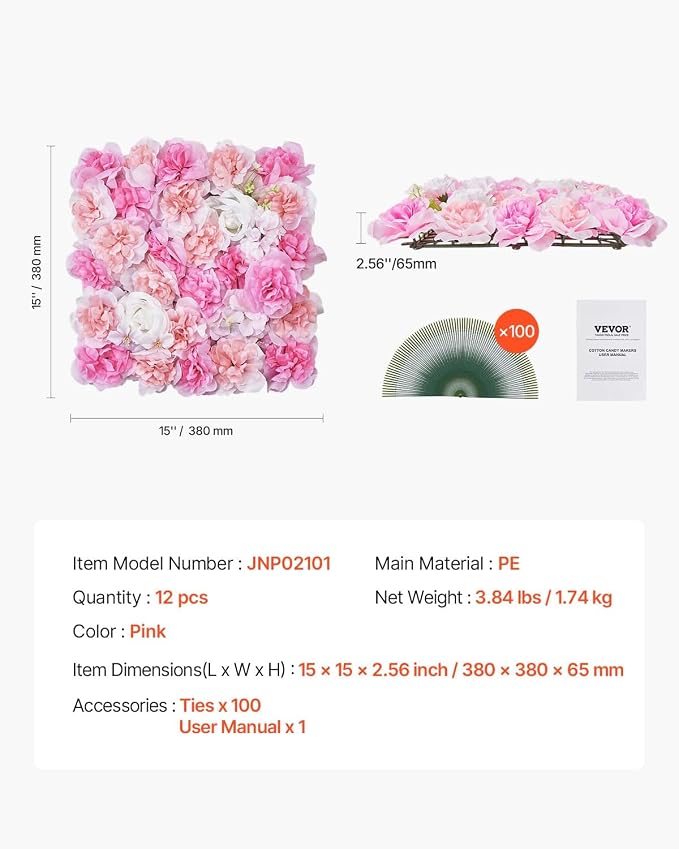 VEVOR 3D Flower Wall Panel, Artificial Floral Wall Background Mesh Backing Mat,Seamless Design&Easy Installation for Wedding Valentines Day Home Baby Party Backdrop Decor,Pink - Image 7