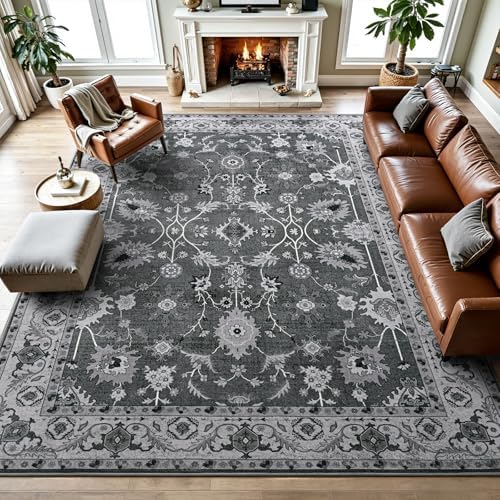 Hanples 6x9 Area Rugs for Living Room, Washable Rug Vintage Floral, Gray by Hanples