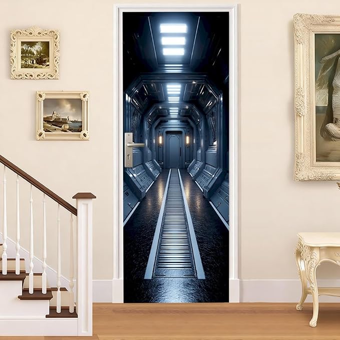 Sci Fi Corridor Door Mural, Futuristic Space Door Cover | Waterproof PVC, 30.3" W x 78.7" L; futuristic corridor design for bedroom, game room, office or closet doors. - Image 2