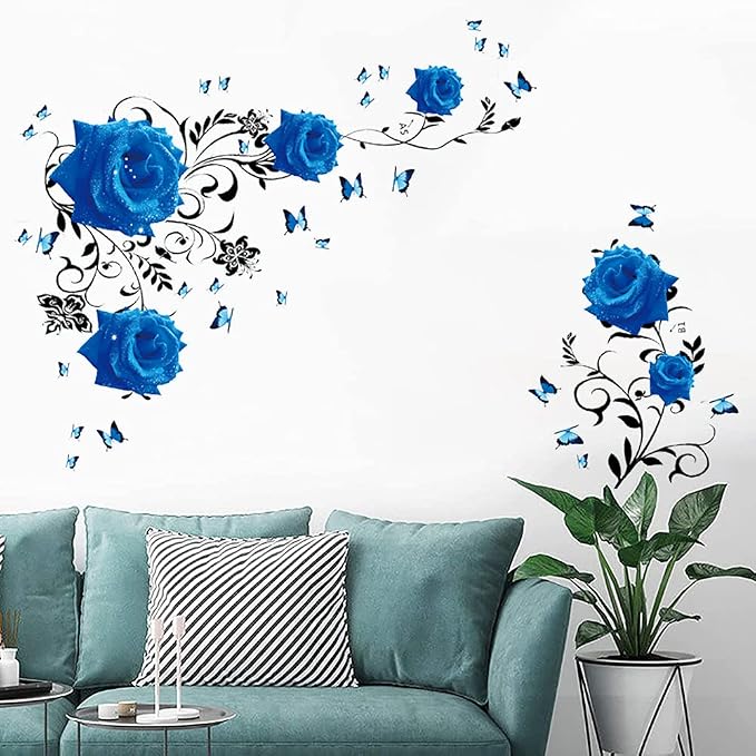 Supzone Blue Rose Wall Stickers Rose Flower Vine Wall Decal Purple Peony Floral Wall Decor DIY Vinyl Mural Art for Bedroom Living Room Sofa Backdrop - Image 2