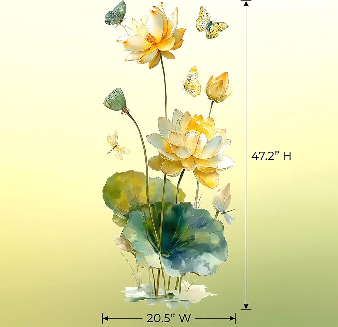 Watercolor Floral Flower Lotus Butterfly Peel and Stick Wall Decals Decor | Yellow water lily green leaves removable vinyl sticker mural, elegant oriental zen art for living room bedroom yoga bathroom - Image 2