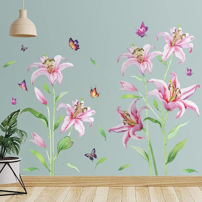 Pink Lily Flowers Wall Sticker Lifelike Romantic Lilys Floral Wall Decals Color Butterfly Green Stem Leaves Removable Art Decor for Home Living Room Girls Bedroom Playroom Bathroom Nursery - Image 3