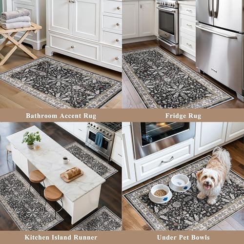 3-Piece Washable Kitchen Rug Set of 3 with Runner – Non-Slip Boho Kitchen Mats for Hardwood Floor, Sink & Entryway & Bathroom, Home Decor (Black,2x3+2x4+2x5) - Image 4