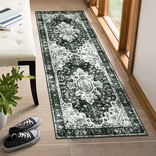 Moynesa Washable Black and White Runner Rug - 2x6 Bathroom Runner with Rubber Backing, Hallway Boho Non-Slip Non-Shedding Low Pile Accent Carpet for Laundry Room Entryway by Moynesa