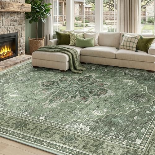 RELEANY Washable Area Rug, 8'x10', Green/Dark Green/Gray by RELEANY