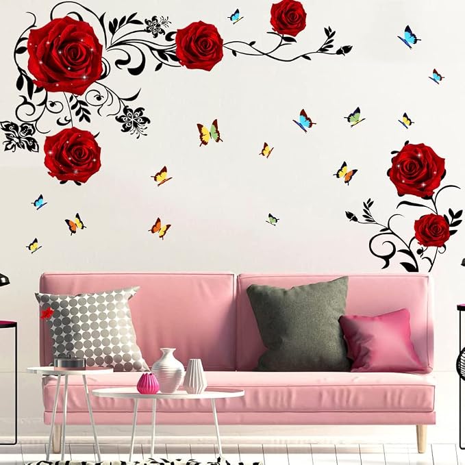 Supzone Red Rose Wall Stickers Rose Flower Vine Wall Decal Purple Peony Floral Wall Decor DIY Vinyl Mural Art for Bedroom Living Room Sofa Backdrop - Image 4