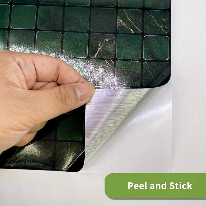 Alwayspon 25 Pcs Brushed Silver Self-Adhesive Tile Transfer, Peel and Stick Tile Decal, Water-Proof Backsplash Wall Tile Sticker for Kitchen Bathroom Decor, Emerald Metallic Mosaic, 8x8inch - Image 3