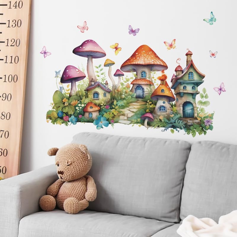 2 Sheets Colorful Cartoon Mushroom House Wall Stickers Removable DIY Green Plants and Flower Wall Stickers Viny Colorful Butterfly Wall Decal for Girls Home Nursery Bedroom Bathroom Decoration - Image 7