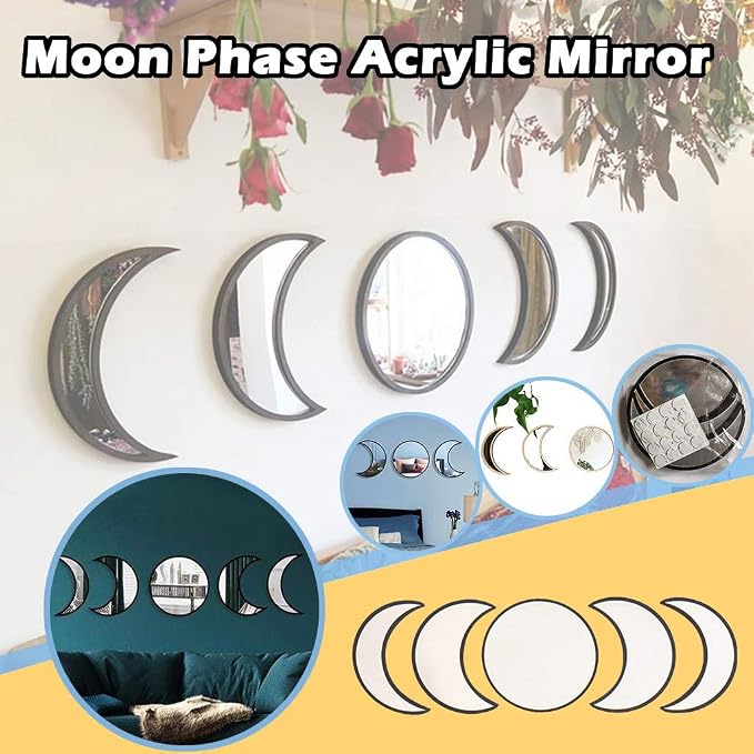 5 Pieces Scandinavian Natural Decor Acrylic Wall Decorative Interior Design Wooden Moon Phase Mirror Bohemian Wall Decoration for Home Living Room Bedroom - Not Real Mirror(Black) - Image 7